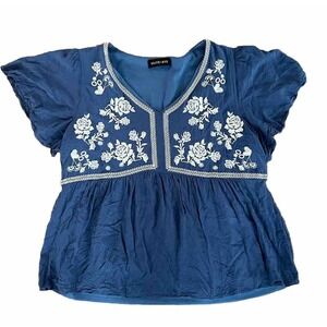 Olive Ave Blue Embroidered Peasant Top Blouse Womens XL Short Sleeve V Neck